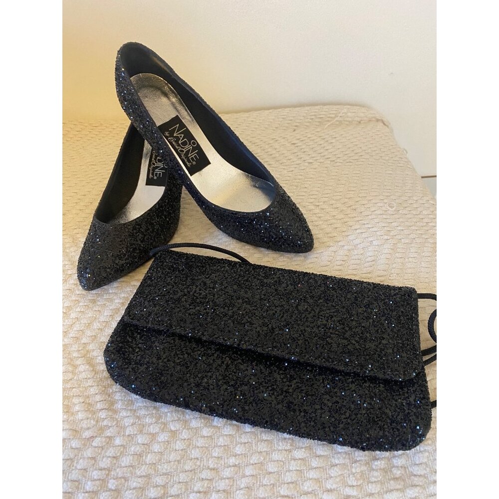 Vintage Black Glitter Formal Heels Size 7.5B & Matching Evening Bag By Nadine
